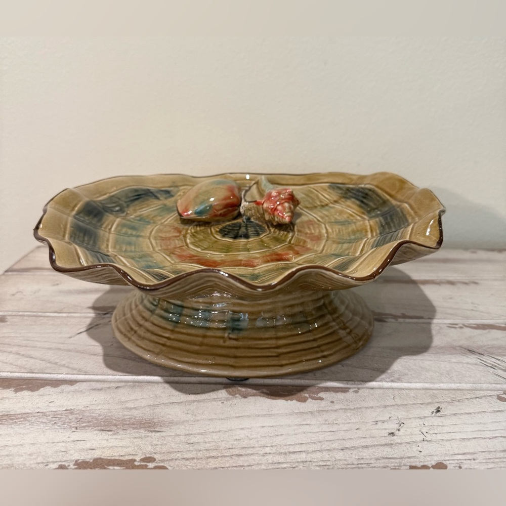 Italian Majolica Style Ceramic Pottery Seashell Pedestal Dish